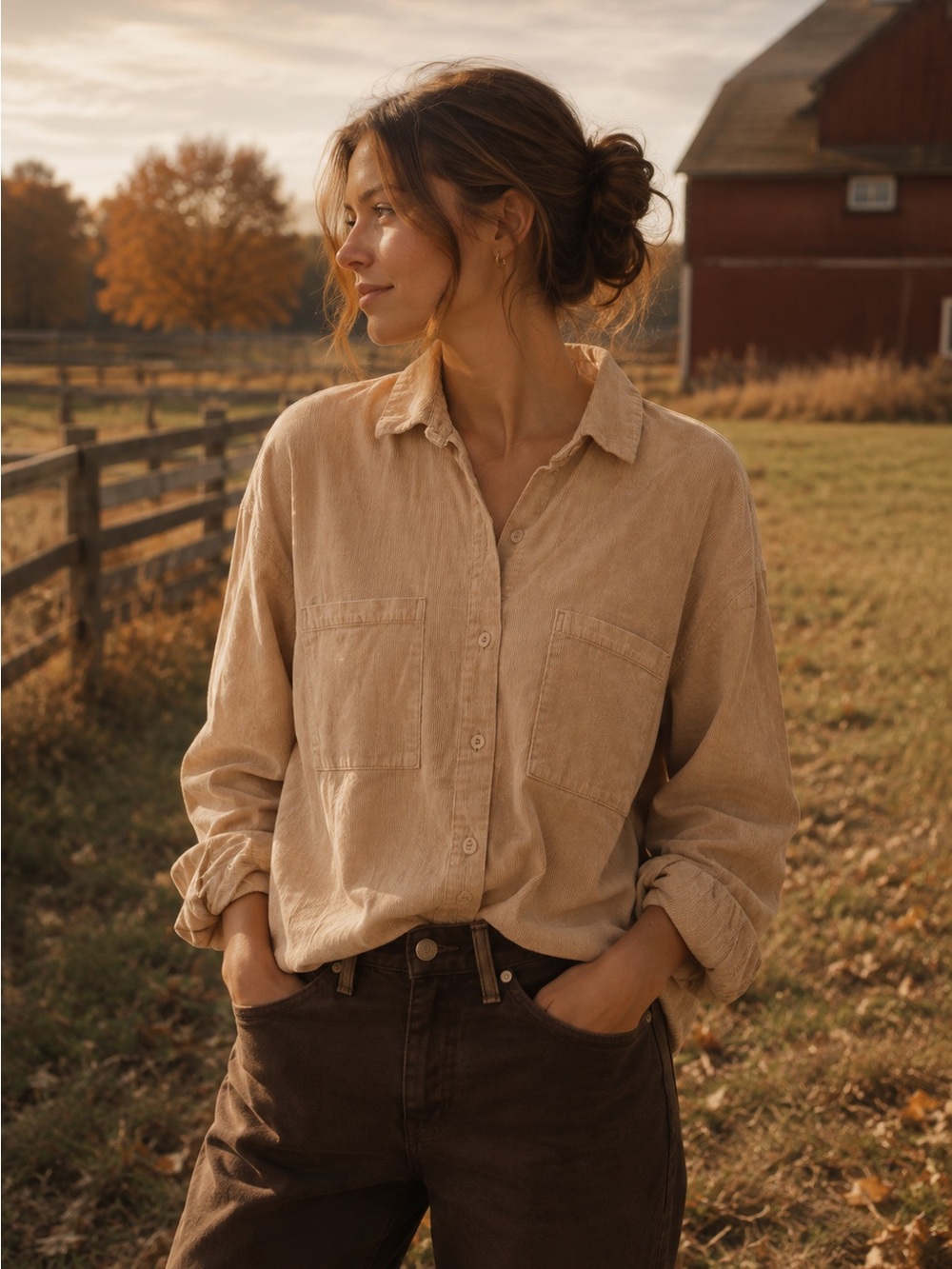 DIVIDED | 100% Cotton Corduroy Shirt | Tan Long Sleeve Button-Down Blouse
